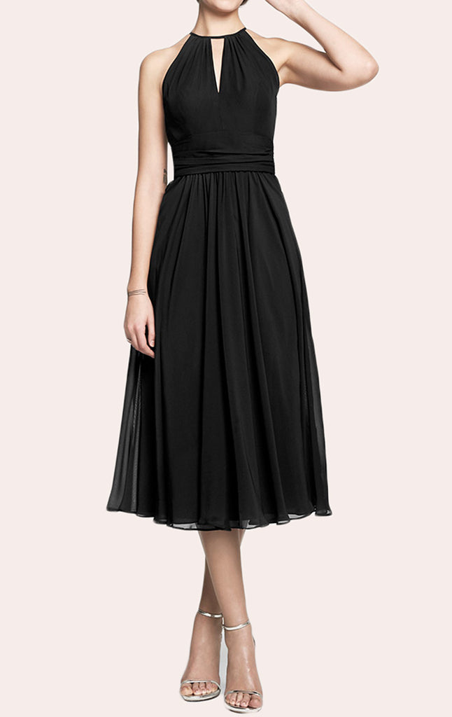 MACloth Halter Tea Length Chiffon Bridesmaid Dress Little Black Dress