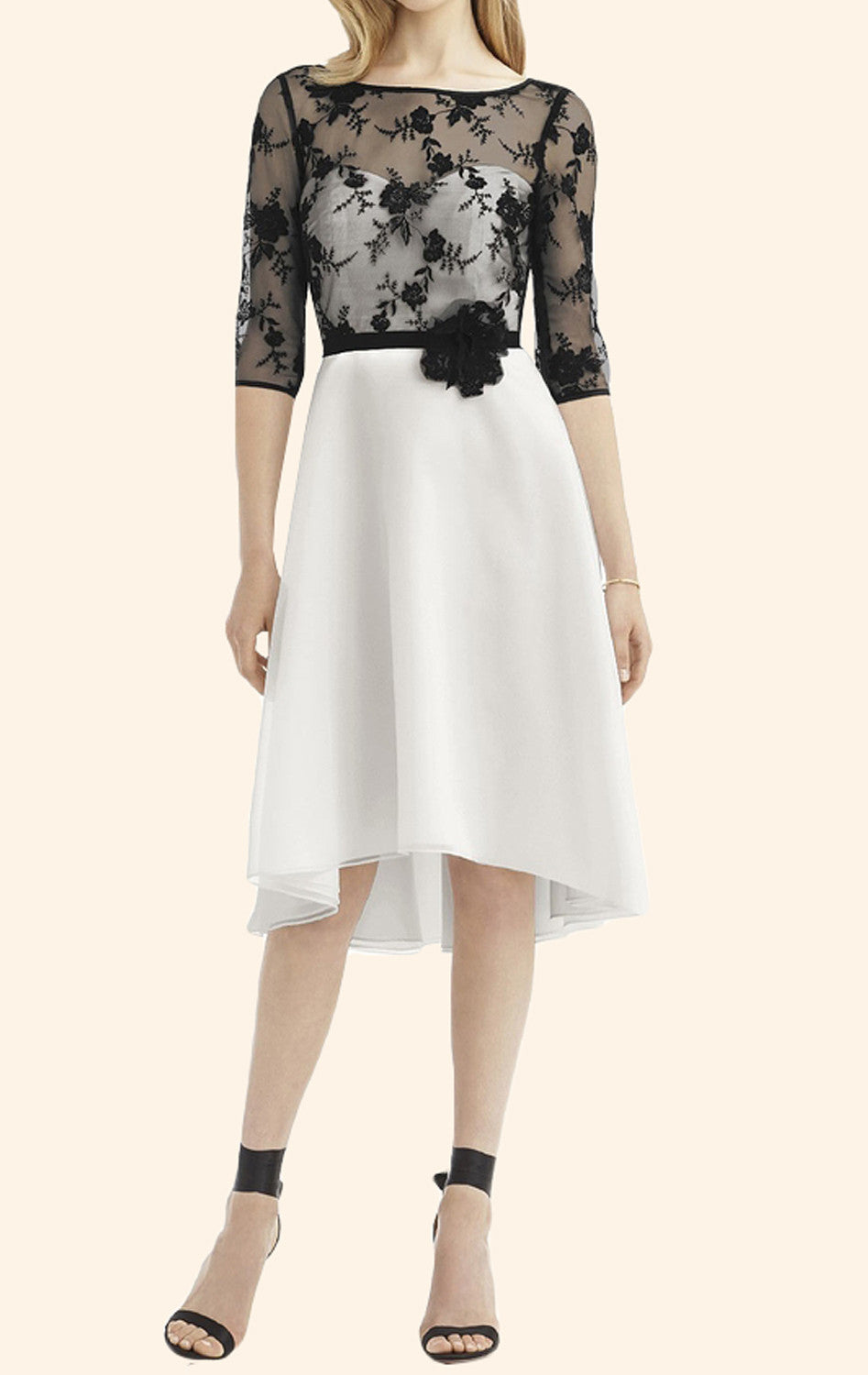Macloth Half Sleeves Lace High Low Bridesmaid Dress Wedding Party Formal Gown Black/Ivory / Above Knee / US14
