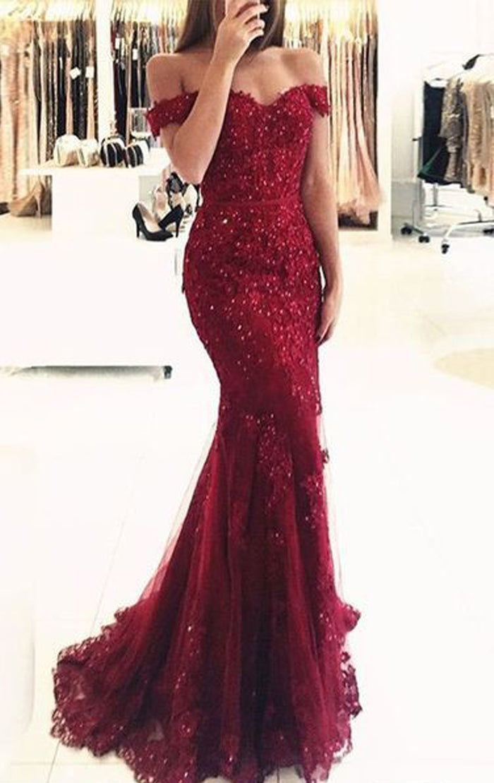 knee length dresses for ladies Macloth Mermaid Off The Shoulder Lace Prom Dress Burgundy Formal Evening Gown Burgundy / Above Knee / Custom Size