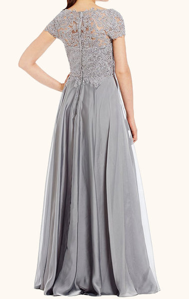 MACloth Cap Sleeves Lace Chiffon Mother of the Brides Dress Silver Formal Evening Gown