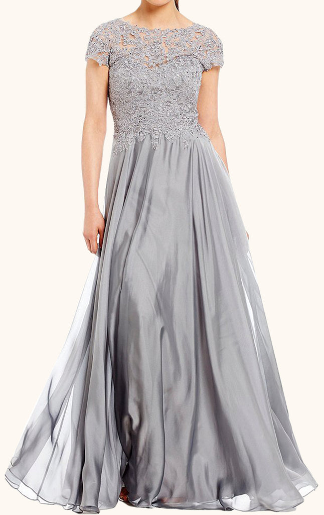 MACloth Cap Sleeves Lace Chiffon Mother of the Brides Dress Silver Formal Evening Gown