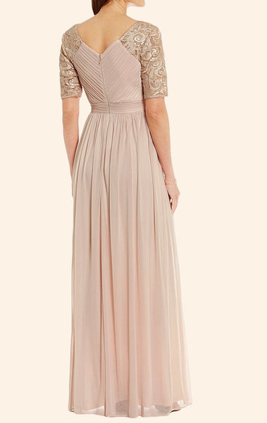 MACloth Short Sleeves Lace Chiffon Long Mother of the Brides Dress Dark Navy Evening Gown