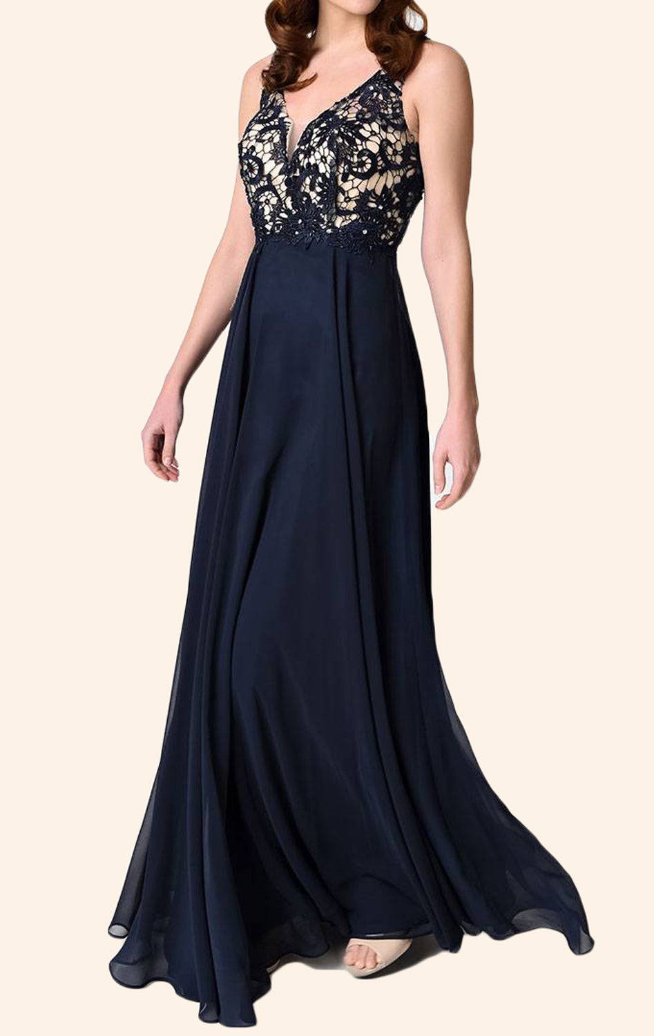 MACloth V Neck Lace Chiffon Long Bridesmaid Dress Dark Navy Simple Prom Gown Dark Navy / Above Knee / US10 MACloth V Neck Lace Chiffon Long Bridesmaid Dress Dark Navy Simple Prom Gown Dark Navy / Above Knee / US10
