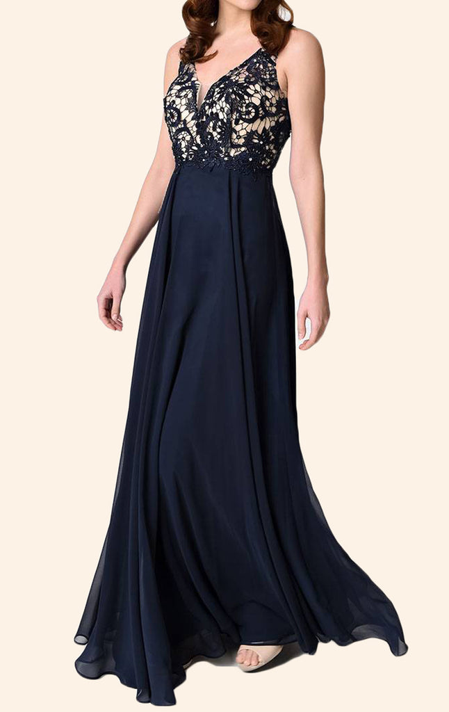Vestido de dama de honor largo de gasa con encaje y escote en V de MACloth, vestido de fiesta sencillo en azul marino oscuro