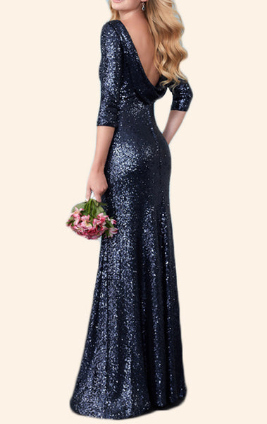 MACloth 3/4 Sleeves Sequin Mother of the Brides Dress Dark Navy Evening Gown
