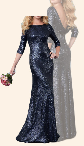MACloth 3/4 Sleeves Sequin Mother of the Brides Dress Dark Navy Evening Gown