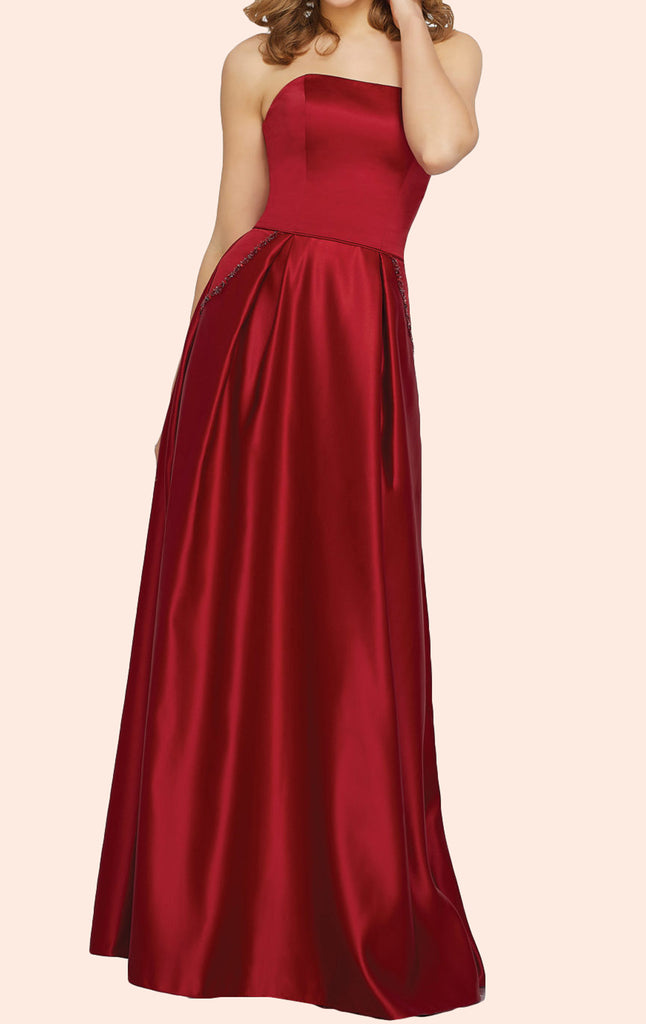 MACloth Trägerloses Satin Langes Brautjungfernkleid Schlichtes Ballkleid
