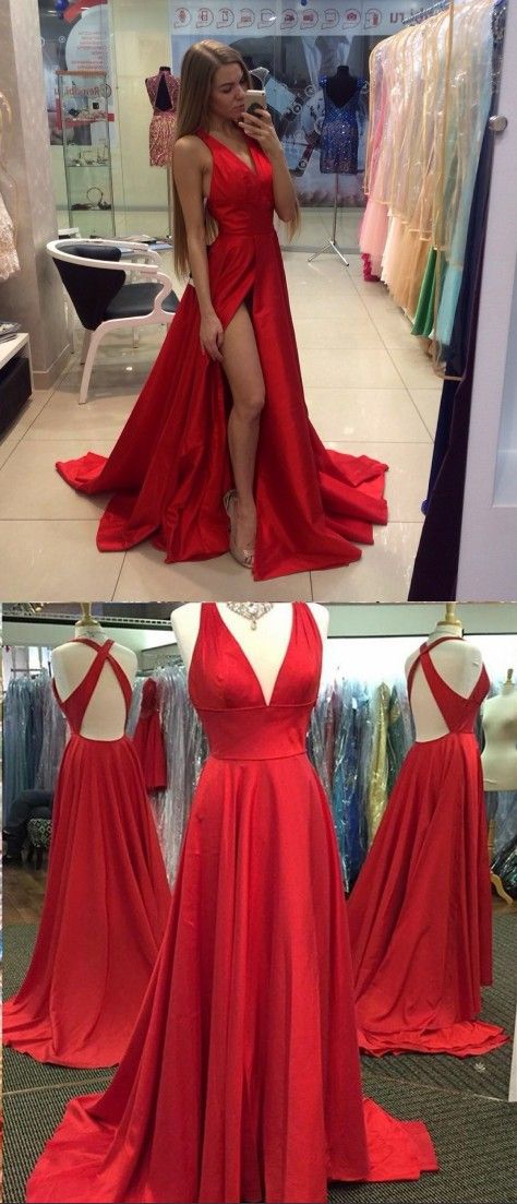 MACloth Sexy tiefem V-Ausschnitt Satin langes Ballkleid Homecoming-Kleid rotes Abendkleid