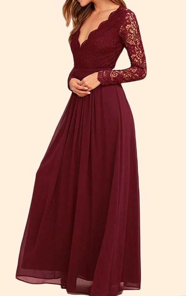 Vestido de fiesta largo de gasa con encaje y escote en V y mangas largas de MACloth, vestido formal de noche color burdeos