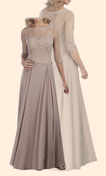 MACloth 3/4 Sleeves Lace Chiffon Long Mother of the Brides Dress Pewter Evening Gown