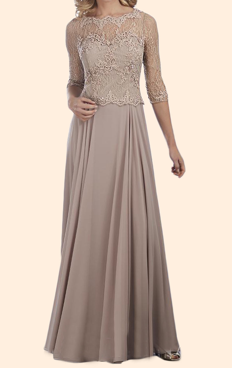 Macloth 3/4 Sleeves Lace Chiffon Long Mother of The Brides Dress Pewter Evening Gown Pewter / Above Knee / US16