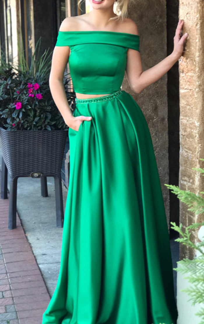 MACloth Off the Shoulder Two Piece Green Long Prom Dress Formal Evening Gown Green / Above Knee / US8