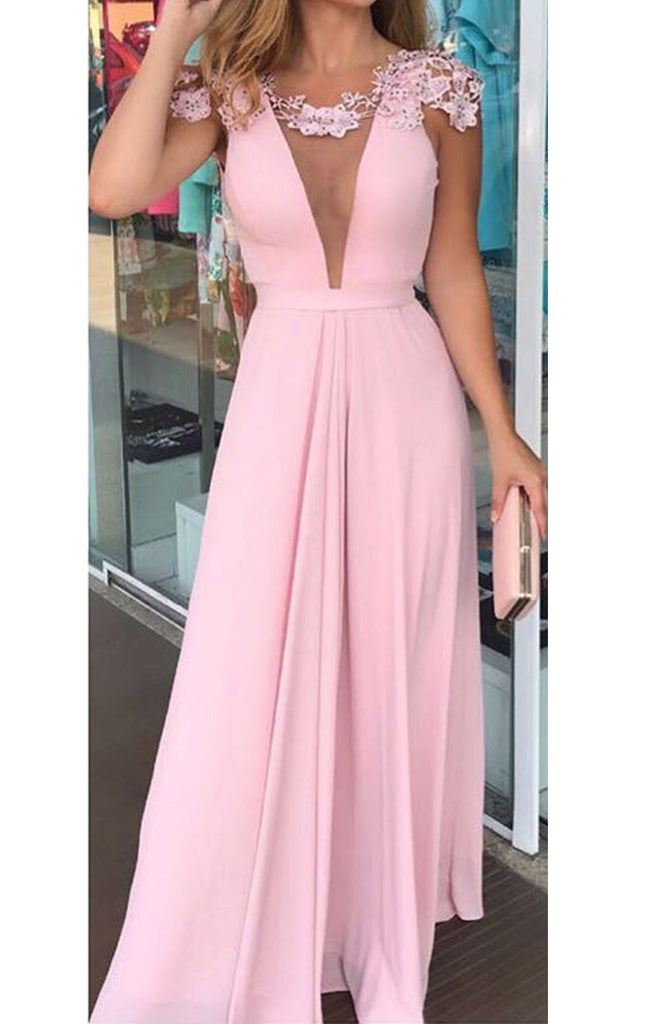 MACloth Cap Sleeves Deep V Neck Pink Long Prom Dress Vintage Wedding Party Dress