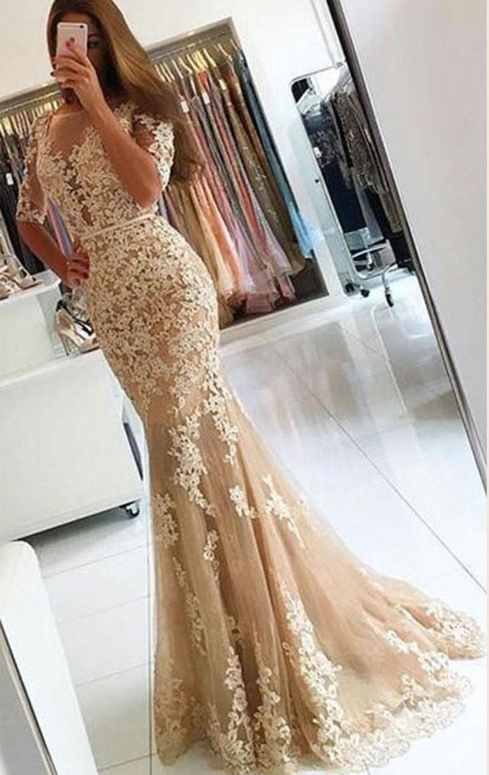MACloth Mermaid Half Sleeves Champagne Prom Dress Lace Formal Evening