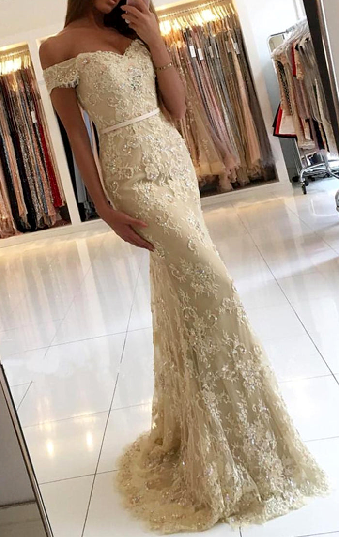 MACloth Off the Shoulder Mermaid Lace Prom Dress Champagne Formal Evening Gown Champagne / Tea Length / US12