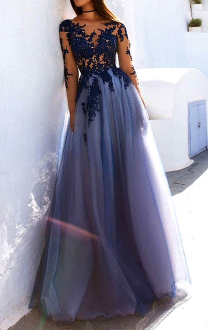 Sexy Long Sleeves Blue Lace Open Back Prom Dresses Evening Dresses US14 / As Picture Sexy Long Sleeves Blue Lace Open Back Prom Dresses Evening Dresses US14 / As Picture