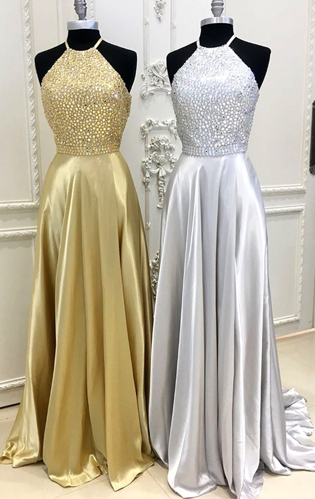 MACloth Halter Crystals Satin Silver Long Prom Dress Gold Formal Evening Gown