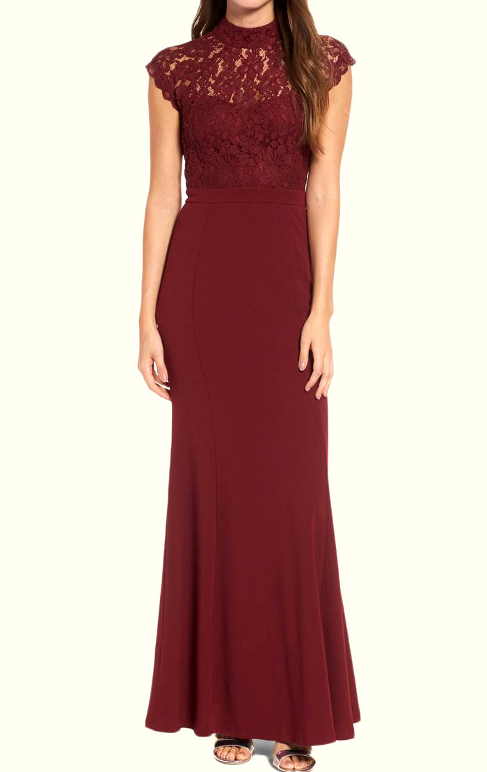MACloth High Neck Lace Jersey Burgundy Long Prom Dress Simple Formal E MACloth High Neck Lace Jersey Burgundy Long Prom Dress Simple Formal E