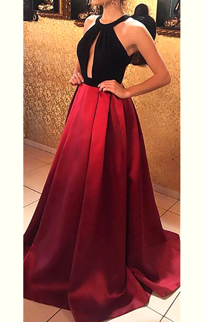 MACloth Halter Open Back Black Burgundy Long Prom Dress Satin Formal E