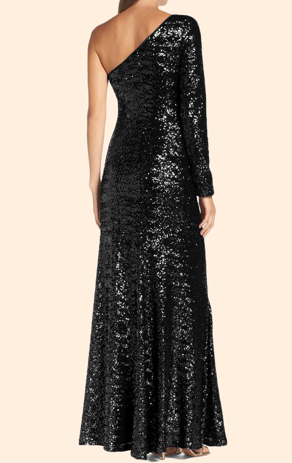 MACloth One-Shoulder Long Sleeves Pailletten Abendkleid Schwarz Ballkleid