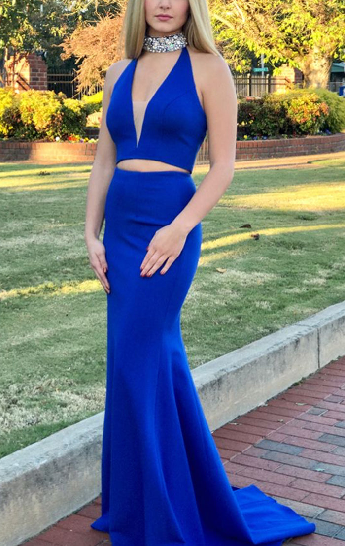 MACloth High Neck Sexy 2 Piece Mermaid Prom Dress Royal Blue Formal Evening Gown Custom Color / Above Knee / US12 MACloth High Neck Sexy 2 Piece Mermaid Prom Dress Royal Blue Formal Evening Gown Custom Color / Above Knee / US12