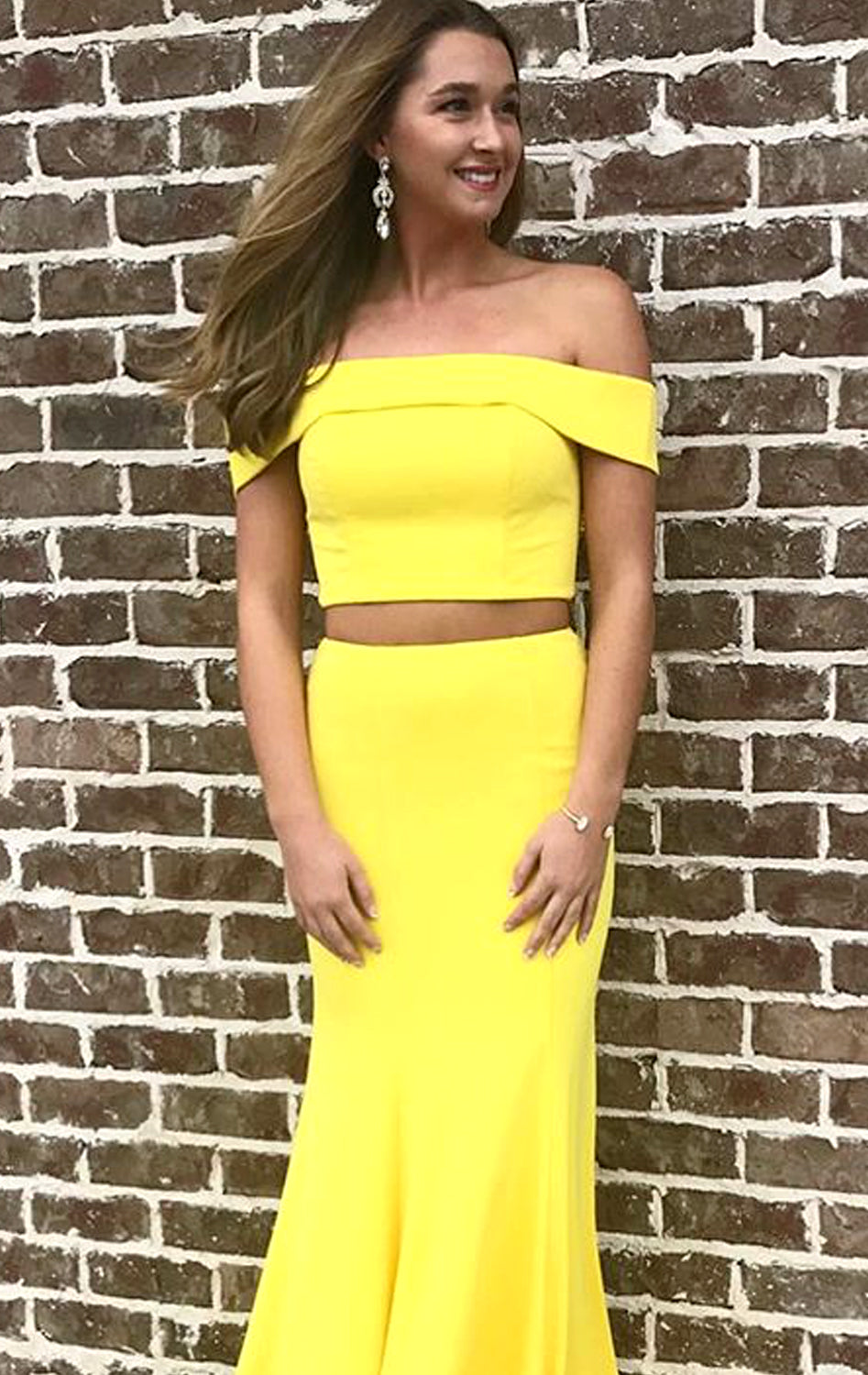 MACloth Off the Shoulder Two Piece Sheath Long Prom Dress Yellow Formal Evening Gown Yellow / Above Knee / US12
