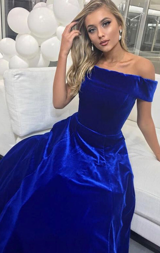 MACloth Schulterfreies langes Ballkleid aus Samt, elegantes formelles Abendkleid in Königsblau