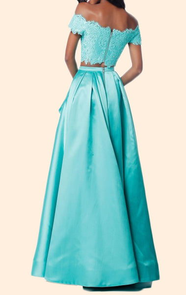 MACloth Off the Shoulder 2 Piece Lace Fuchsia Prom Dress Gorgeous Formal Gown