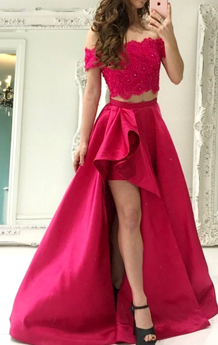 fuchsia prom dress MACloth Off the Shoulder 2 Piece Lace Fuchsia Prom Dress Gorgeous Form