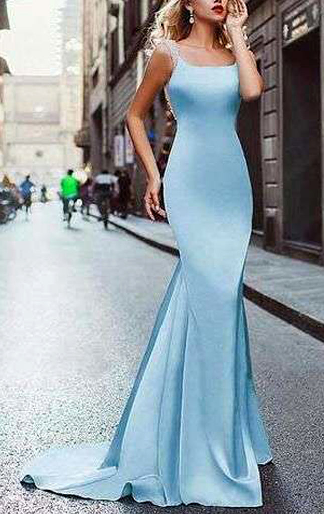 MACloth Mermaid Scoop Neck Sky Blue Long Prom Dress Formal Evening Gown