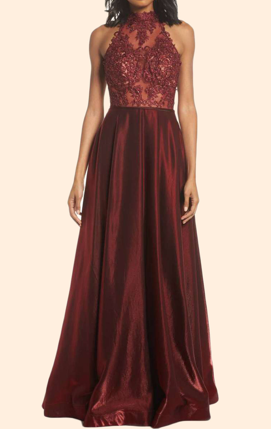 MACloth Halter High Neck Lace Long Prom Dress Burgundy Formal Evening MACloth Halter High Neck Lace Long Prom Dress Burgundy Formal Evening