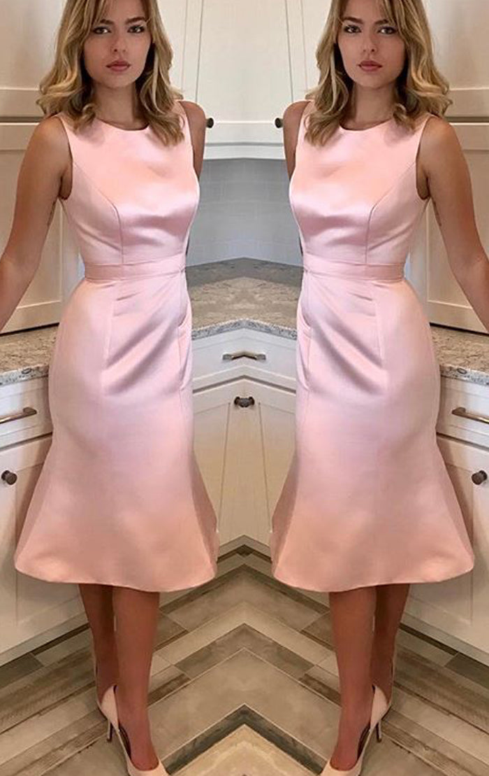 MACLoth O Neck Sheath Midi Wedding Party Dress Pink Prom Homecoming Dress 10615 Blush Pink / Above Knee / Custom Size