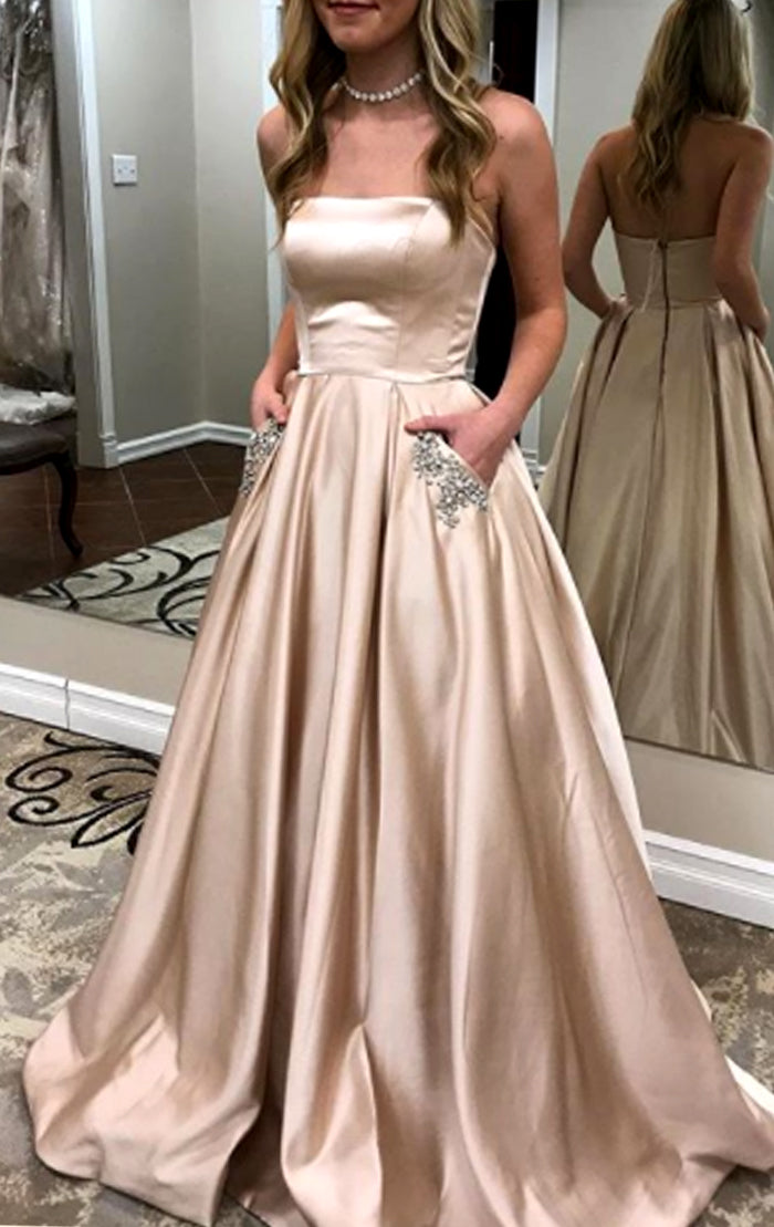 MACloth Strapless Ball Gown Long Prom Dress Champagne Formal Evening Gown Champagne / Above Knee / US2