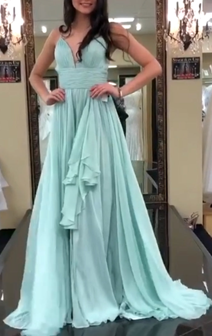 MACloth Spaghetti Straps V Neck Chiffon Long Prom Dress Mint Formal Ev