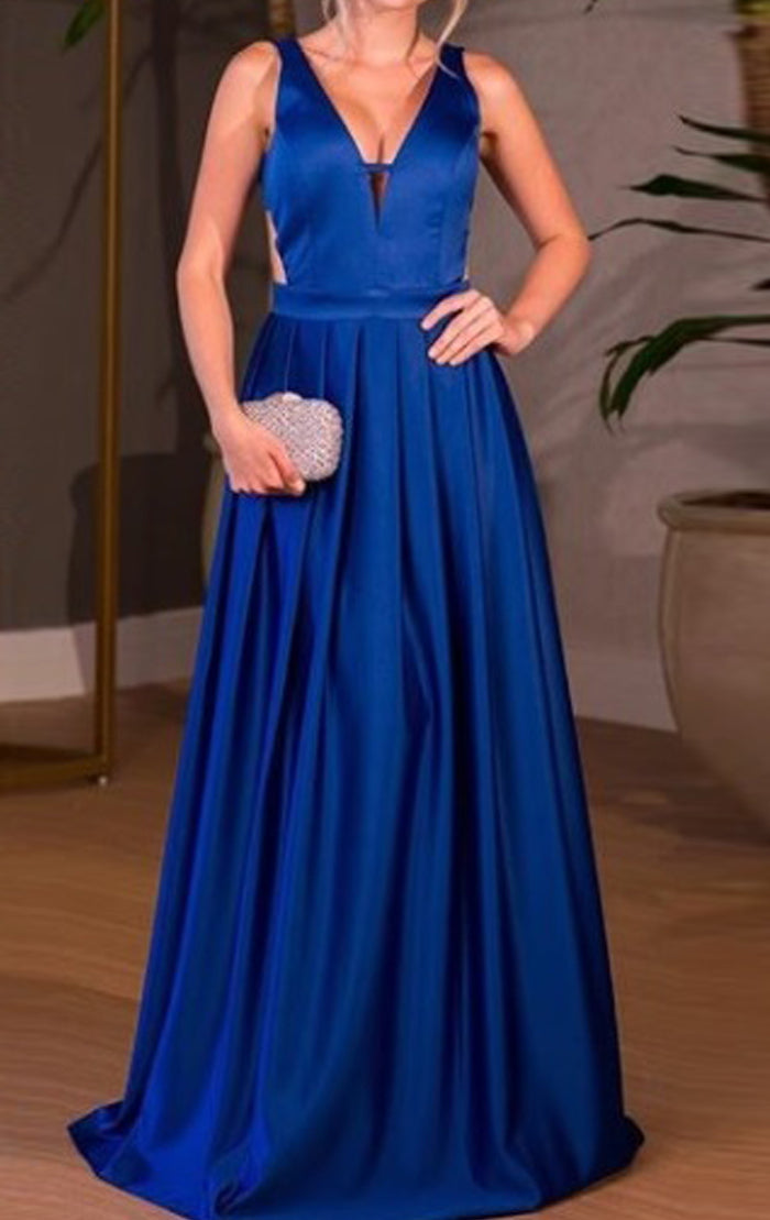 MACloth Deep V Neck Satin Long Prom Dress Royal Blue Formal Evening Go