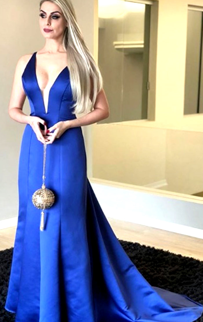 MACloth Deep V Neck Sheath Long Prom Dress Royal Blue Formal Evening G