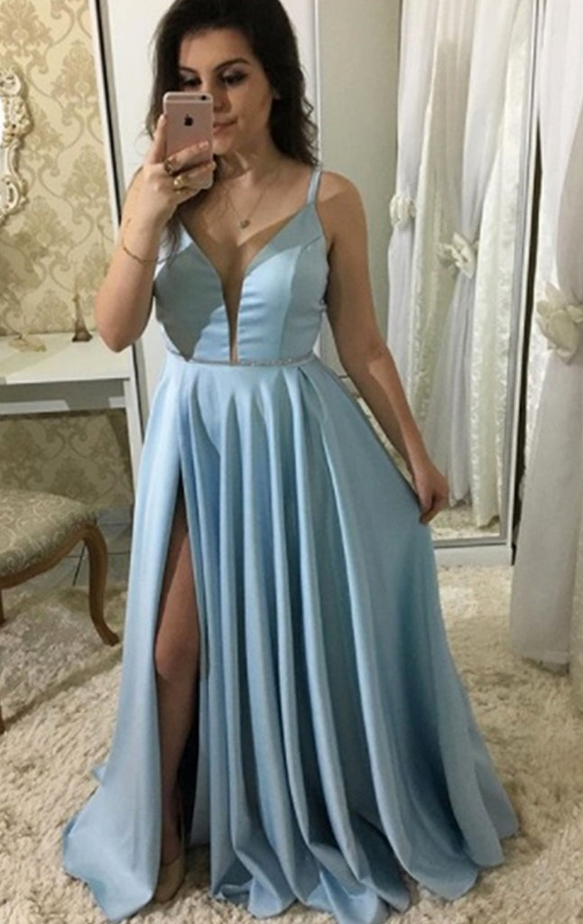 MACloth Träger Tiefem V-Ausschnitt Langes Ballkleid Himmelblau Formales Abendkleid