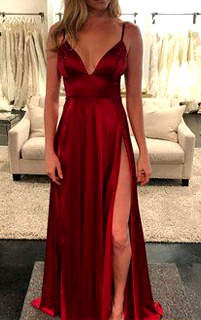 MACloth Spaghettiträger V-Ausschnitt Langes Ballkleid Burgunderrotes formelles Abendkleid