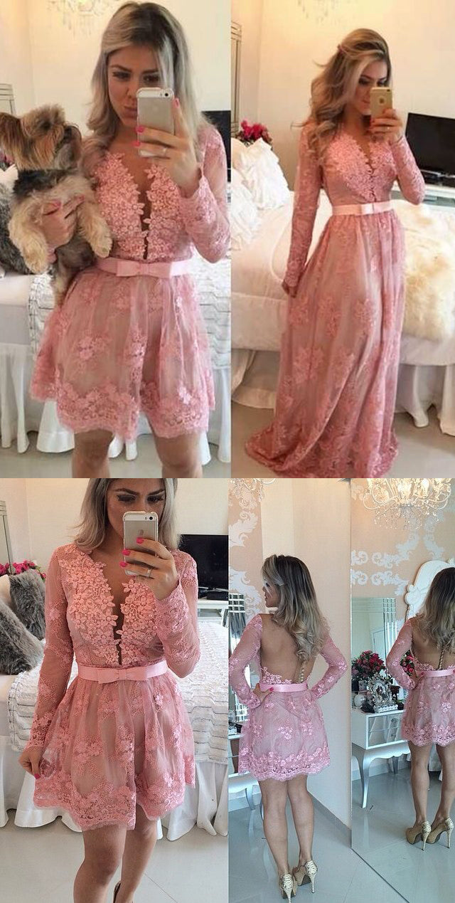 Vestido de fiesta de bienvenida con encaje y escote en V y mangas largas de MACloth, vestido de noche formal rosa