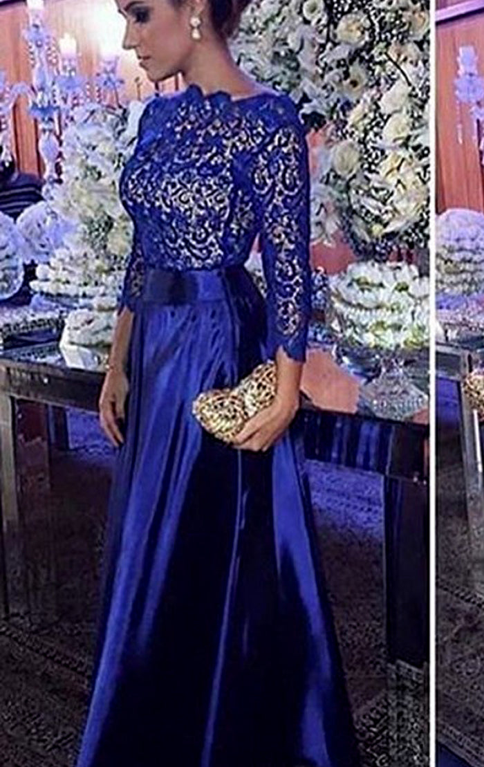 MACloth 3/4 Sleeves Lace Taffeta Long Prom Dress Royal Blue Formal Evening Gown Royal Blue / Above Knee / US14
