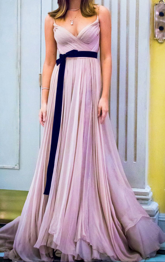 MACloth Straps V Neck Chiffon Long Prom Dress Pale Pink Formal Evening Gown Pale Pink / Tea Length / US12