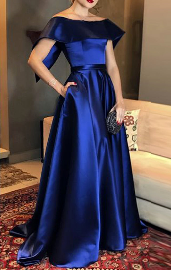 Macloth Boat Neck Long Satin Prom Dress Royal Blue Formal Evening Gown US22W / Custom Color Macloth Boat Neck Long Satin Prom Dress Royal Blue Formal Evening Gown US22W / Custom Color