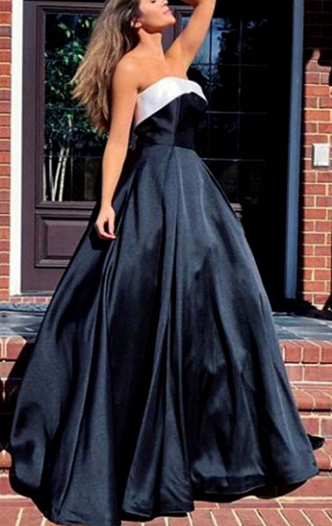 MACloth Strapless Ball Gown Satin Long Prom Dress Black Formal Evening Gown