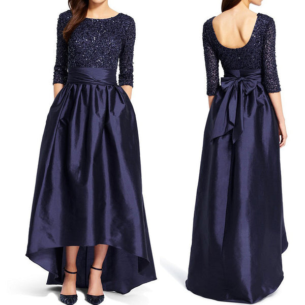 MACloth Half Sleeve Hi Lo Mother of the Brides Dress Dark Navy Sequin Formal Evening Gown