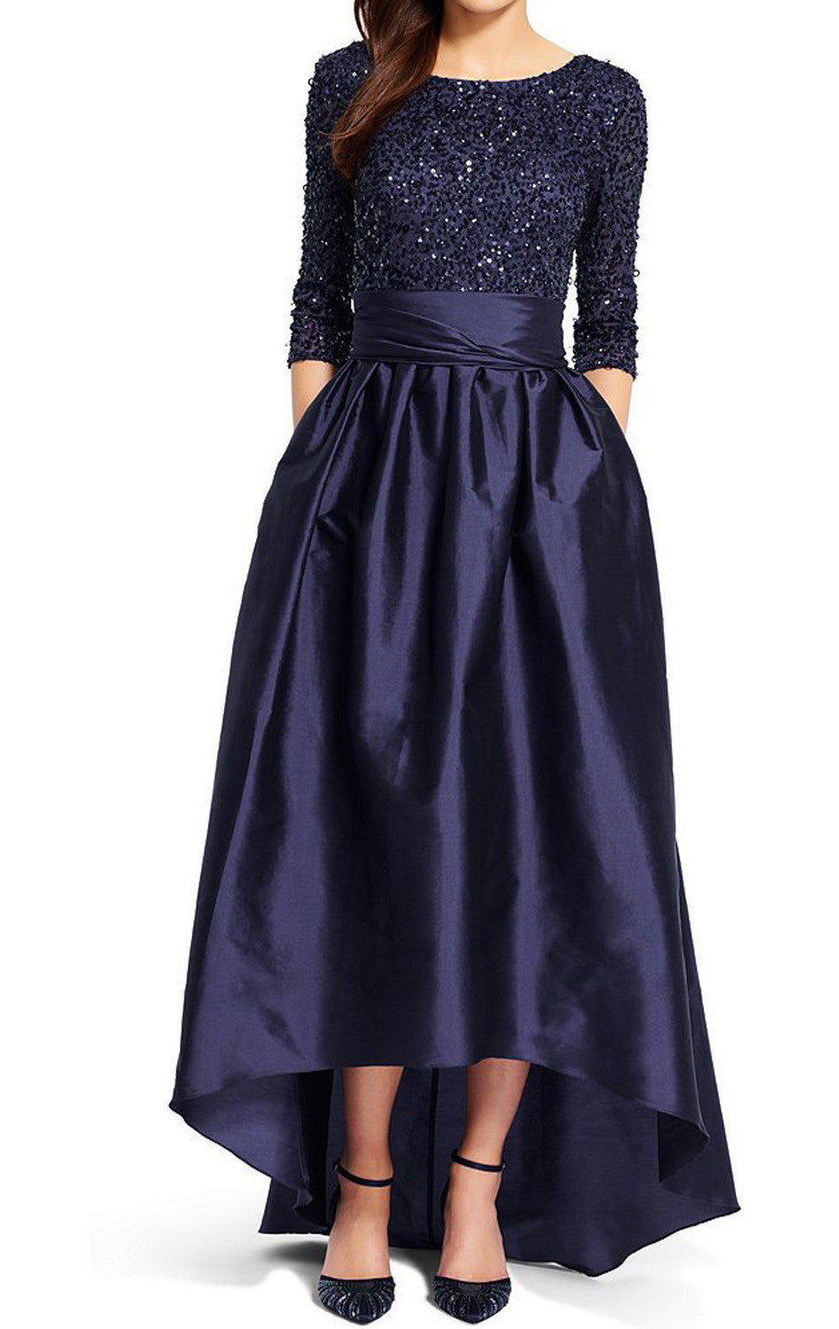 Macloth Half Sleeve Hi Lo Mother of The Brides Dress Dark Navy Sequin Formal Evening Gown Dark Navy / Above Knee / US10