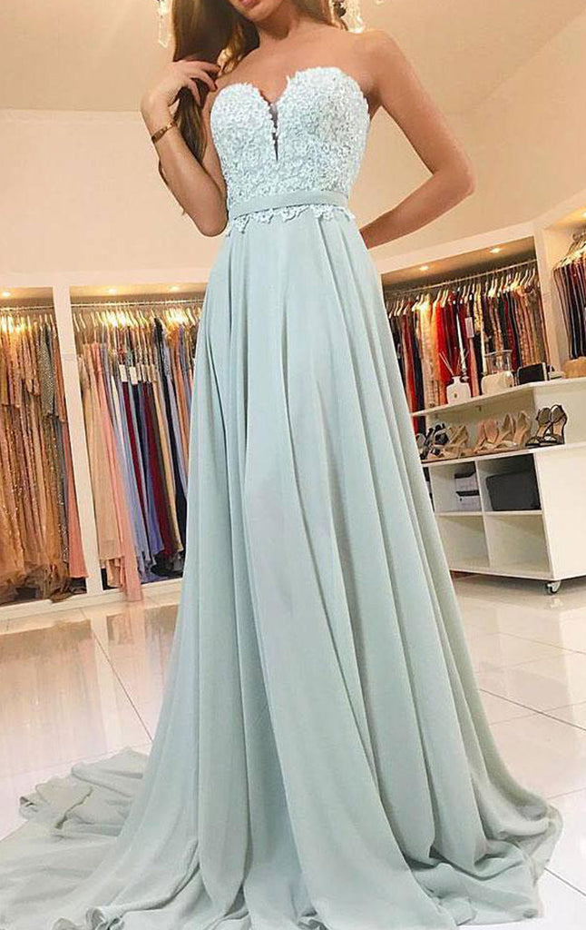 MACloth Trägerloses, langes Ballkleid aus Chiffon mit Spitze in Aquamarin