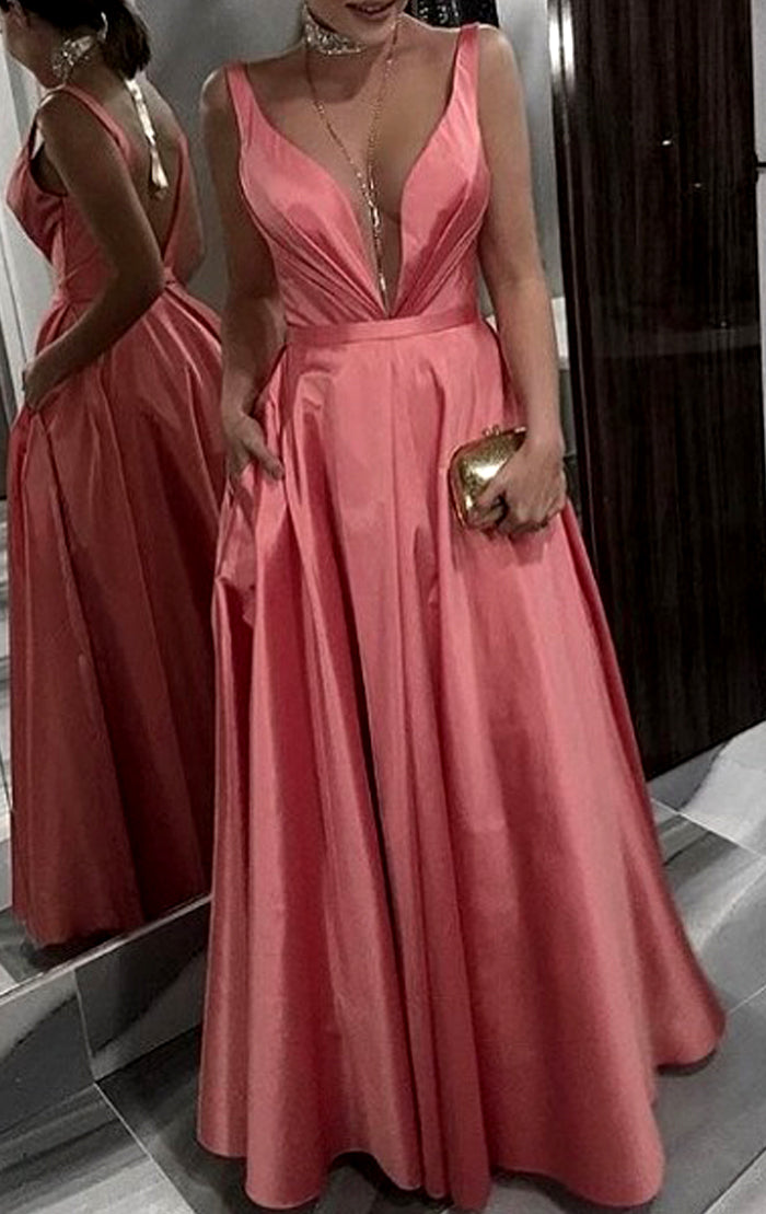 MACloth Deep V Neck Taffeta Long Prom Dress Coral Formal Evening Gown Coral / Floor Length / Custom Size