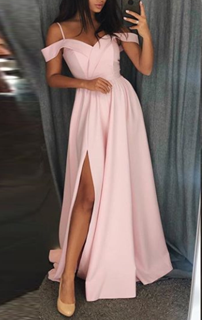 MACloth Off the Shoulder Pink Long Prom Dress Satin Formal Evening Gow