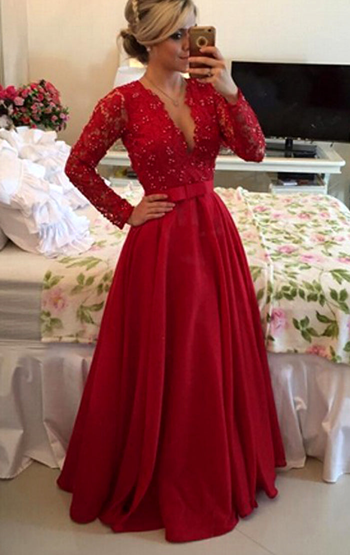 strapless open back dress Wine Red Long Sleeves Tulle Evening Gown Prom Dress, Dark Red Beaded P –  Cutedressy main image 0