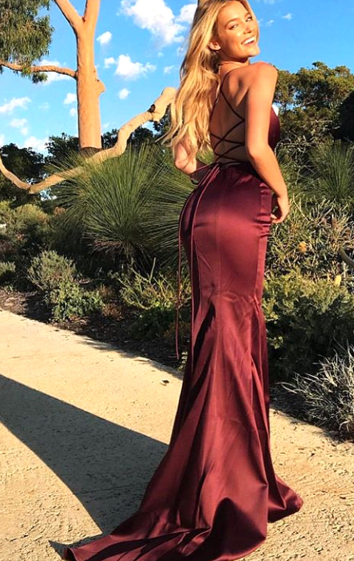 MACloth Halter Mermaid Satin Long Prom Dress Burgundy / Dark Green For MACloth Halter Mermaid Satin Long Prom Dress Burgundy / Dark Green For